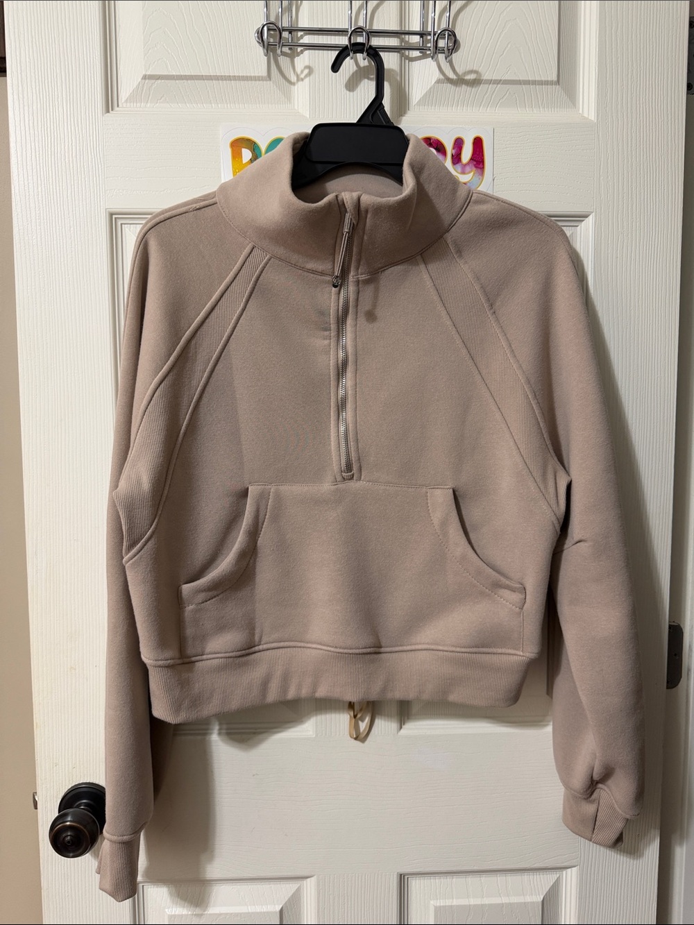 Cropped Zip-Front Turtleneck Sweatshirt in Taupe